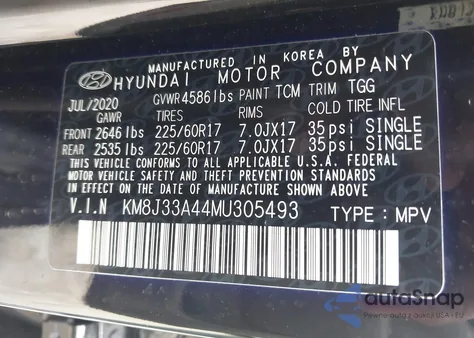 2021 Hyundai Tucson Value z USA, uszkodzony, nr VIN KM8J33A44MU305493